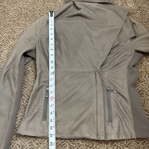 Vince Draped Neutral Tan Moto Leather Jacket Rib Knit Wool Details Size M Zipper - Picture 8 of 13